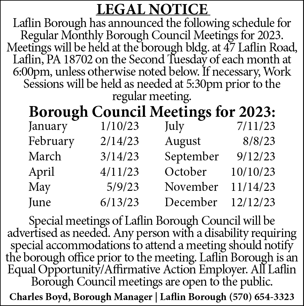 Laflin Borough Council Meetings 2023 Laflin Borough on the 